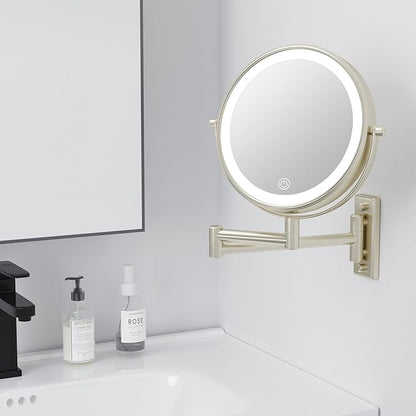Rechargeable Lighted Makeup Mirror, 10x Magnifying Mirror, 3 Color Lights, Touch Screen Dimming, 360° Extendable Arm Wall Mounted Mirror for Bathroom Shaving (Brushed Nickel)