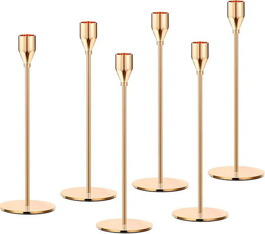 French Honey Gold Taper Candle Holders,Set of 6 Tall Taper Candlestick fit for 3/4" Thick Pillar Candle&Led Modern Metal Candle Stands Decorative Table Centerpieces for Dinning Party Church,Decorative