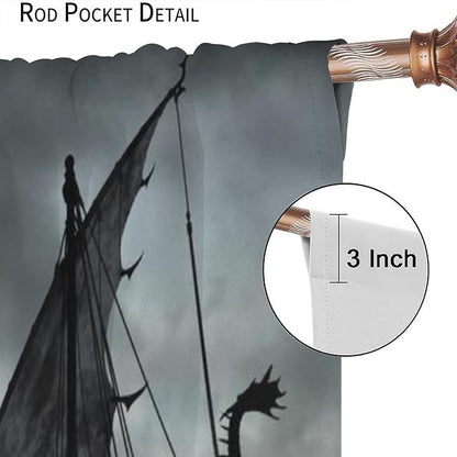 Viking Ship Blackout Curtains,Gloomy Misty Lake Landscape Fantasy Black White Color Sailing Dragon Boat Window Drapes for Boys Girls Bedroom Living Room,Norse Decor 72x63in