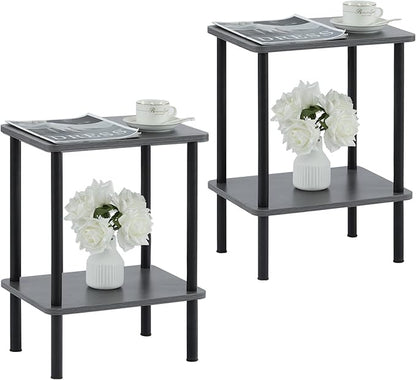Apicizon 2 Tier End Table Set of 2, Boho Side Table with Storage Shelf, Nightstand Bedside Table for Small Spaces, Bedroom, Living Room, Entryway, Farmhouse, Easy Assembly, Grey