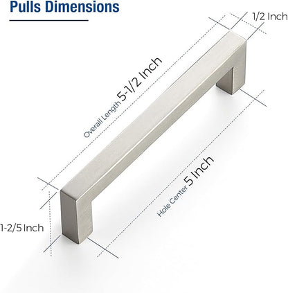 JOY DECOR 6 Pack Cabinet Handles, Brushed Nickel Cabinet Pulls, 5 Inch Kitchen Closet Handles Square Drawer Pulls Stainless Steel Drawer Hardware, 128mm Hole Centers