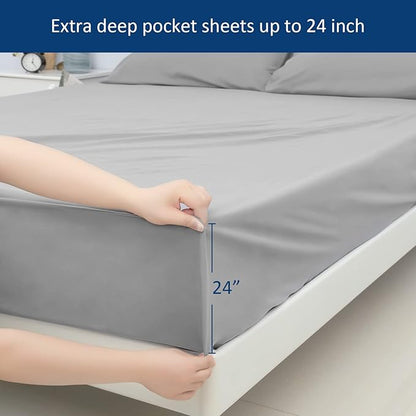 California King Sheet Sets for Air Mattress - Extra Deep Pocket Cal King Sheet Set - 3Pcs Side Storage Pocket Fitted Sheet & Pillowcases Easily Fits 16in to 24in Pillow Top Air Bed Mattress(Grey)