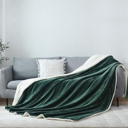 NANPIPER Bed Blanket Reversible Sherpa Flannel Blanket Super Soft Fuzzy Plush Fleece Microfiber (90"x90" Olive Green) Queen