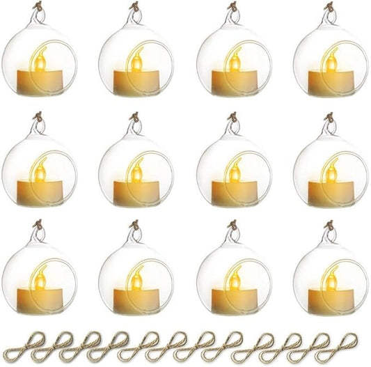 Sziqiqi Hanging Glass Globes Orbs Tea Light Candle Holders with Flameless LED Tealight for Wedding Ornaments, Wedding Birthday Christmas Party Centerpiece Accessory 2.36inch 10pcs +2 Extra