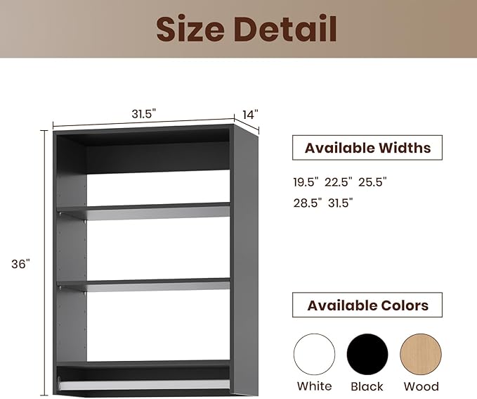 ROOMTEC 31.5" Medium Hanging Closet Unit, Modular Closet System with Hanging Rod, Wardrobe Organizer for Bedroom or Walk-in Closet, Wall Mounted, Customizable Clothes Storage Unit, Black