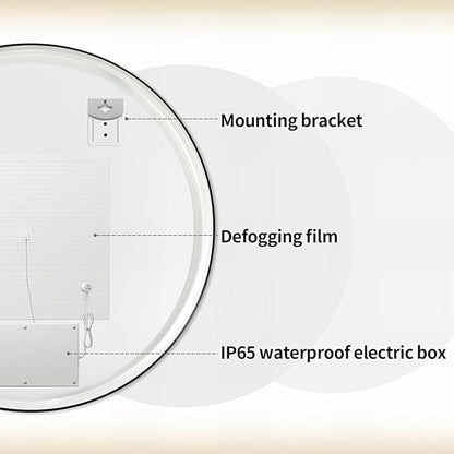 44" Round LED Bathroom Mirror, Wall Mounted Round Backlit Mirror LED Bathroom Vanity Mirror with Lights Fog Free Circle Lighted Mirror with Black Frame, Smart Light up Mirror 3-Color
