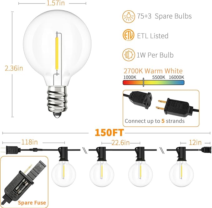Svater Outdoor String Lights 150 FT, Patio Light with 78 Shatterproof LED Bulbs, Outside Plastic Hanging G40 Globe Lights for Cafe Market Bistro Backyard, Dimmable Warm White 2700K