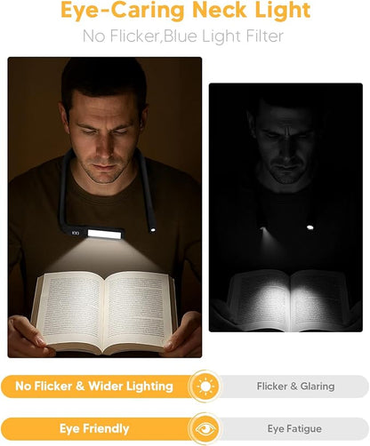 Book Light with EVA Case: Rechargeable Eye Caring 3 Color Dimmable Neck Reading Light, Bendable Neck Lamp with Power Display, Reading Lamp Knitting Crochet Accessories Neck Lights for Crafts