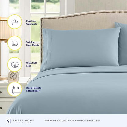 Twin XL Sheets - Breathable Luxury Sheets with Full Elastic & Secure Corner Straps Built In - 1800 Supreme Collection Extra Soft Deep Pocket Bedding Set, Sheet Set, Twin XL, Misty Blue