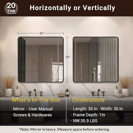 ANDY STAR 36X36 Inch Square Black Bathroom Mirror, Matte Black Vanity Mirrors for Wall, Rounded Square Mirror for Bathroom, Seamless Tube Metal Frame, 1’’ Deep Wall Mounted Vertical/Horizontal