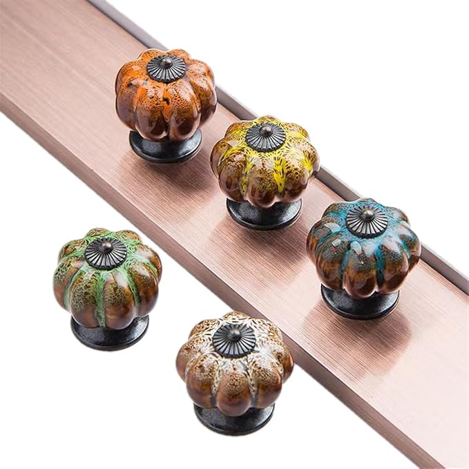 5 Pack Vintage Ceramic Pumpkin Cabinet Knobs, Kitchen Cabinet Drawers Dresser Cupboard Pull Handles Door Pulls with 5 Kinds of Screws (Leopard Print -Yellow)