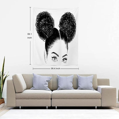 Batmerry Black American Afro Tapestry, White Graphic Woman Wall Art Hanging Decoration Polyester Fiber White Ruffled Around for Dorm Room Bedroom Living Room, 59.1x39.4 inches