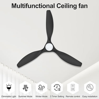 ocioc 52 inch Ceiling Fans with Lights and Remote, Dimmable Ceiling Fans with Reversible Quiet DC Motor, Flush Mount, 3CCT, Black Ceiling Fan for Bedroom Living Room Indoor/Outdoor