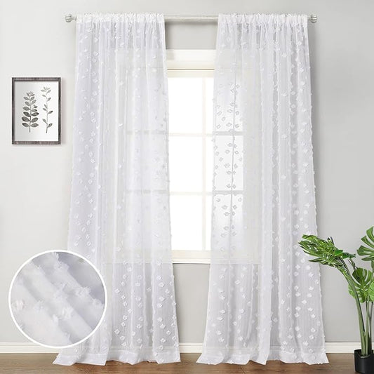 MYSKY HOME Pom Pom White Sheer Curtains for Bedroom Girls Room Curtains 108 Inches Long for Nursery Kids Light Filtering Boho Window Drapes, Rod Pocket, 38" Wide, 2 Panels