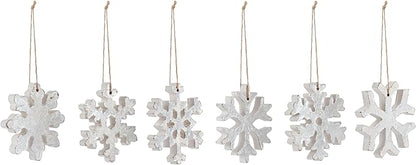 DEMDACO Cozy Time Silver Tone 4 x 4 Inch Wood Christmas Tree Decoration, Festive Holiday Décor, Distressed, Hanging Ornaments, Set of 6, Snowflake