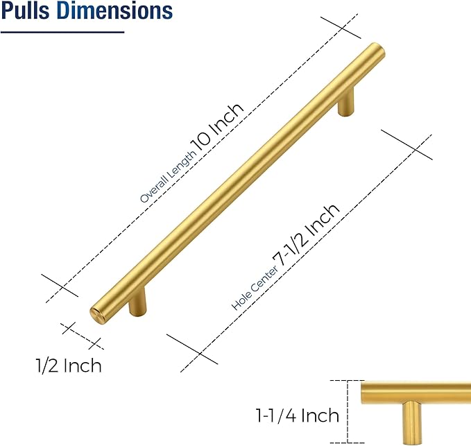 JOY DECOR 10 Pack Cabinet Handles, Gold Cabinet Pulls, 7-1/2 in Hole Center Kitchen Cabinet Handles, Stainless Steel T Bar Handles for Dresser Drawers