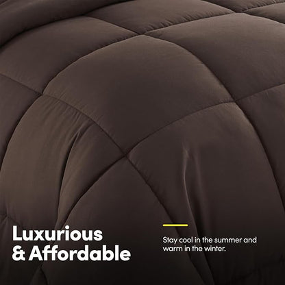 Sweet Home Collection 7 Piece Comforter Set Bag Solid Color All Season Soft Down Alternative Blanket & Luxurious Microfiber Bed Sheets, Brown, Queen