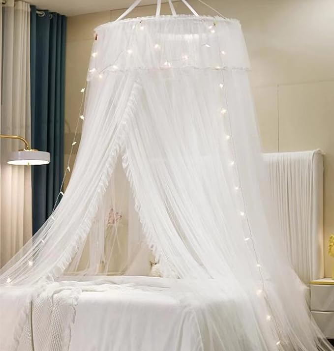 VETHIN Princess Bed Canopy for Girls Double Layer Sheer Mesh Dome Elegant Lace Mosquito Net Bed Curtain for Full Queen King Bed with led Stars String Lights(White/White)