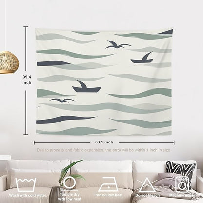 Batmerry Serene Seascape Waters Tapestry, Nautical Maritime Wall Art Hanging Decoration Polyester Fiber White Ruffled Around for Dorm Room Bedroom Living Room, 39.1x59.1 inches