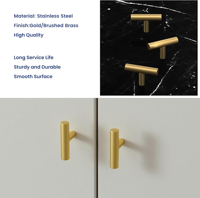LONTAN 10 Pack Gold Cabinet Knobs Gold Drawer Knobs Brushed Brass Kitchen Cabinet Hardware for Bathroom Cupboard 2in Overall Length,Stainless Steel