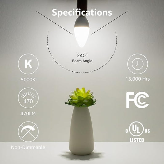 Lepro E12 LED Candelabra Light Bulbs, 5000 Kelvin Daylight White 5.5 watt, 40 watt Equivalent B11 C37 Ceiling Fan Bulb Chandelier Bulbs, Type B Small Base Candle Lights, Plastic, Not-dimmable, 6-Pack