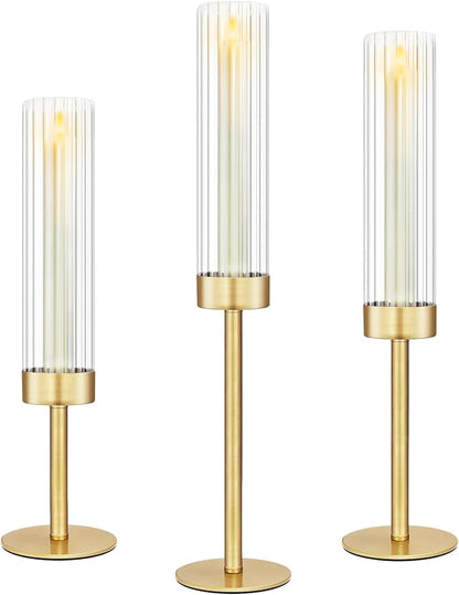 Glass Hurricane Candlestick Holders Gold, KSWING Set of 3 Taper Candle Holders Brass Tall Clear Candle Stand Holders, Perfect for Table Centerpiece Party Wedding Christmas Home Decor