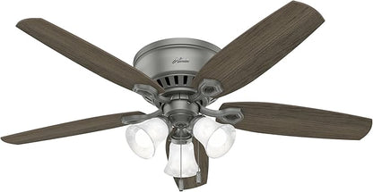 Hunter 52 inch Indoor Ceiling Fan with LED Lights - Ceiling Fan with Pull Chain, For Bedroom, Living Room, or Kitchen, Low Profile Mount, No Remote, 5 Blades - Builder 51113, Matte Silver