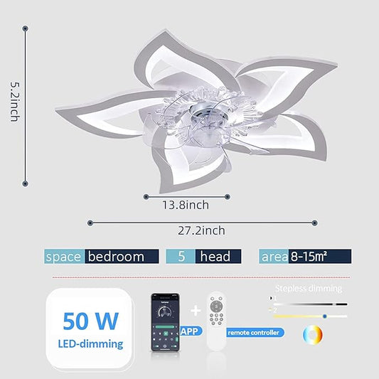 Low Profile Ceiling Fan with Lights,110v Modern Dimmable Flower Shape, Remote Control/app Control,Timing 6 Gear Speeds Fan Ceiling Lamp.