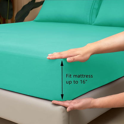 Mejoroom King Size Bed Sheet Set - Hotel Luxury 1800 Bedding Sheets & Pillowcases - 16" Deep Pocket Fitted Sheet, Soft, Breathable, Wrinkle & Fade Resistant - 4 Piece(King, Mint)