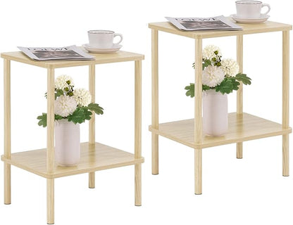 Apicizon 2 Tier End Table Set of 2, Small Side Table with Solid Wood Legs, Boho Bedside Table with Storage Shelf, Nightstand for Small Spaces, Bedroom, Living Room, Entryway, Light Natural