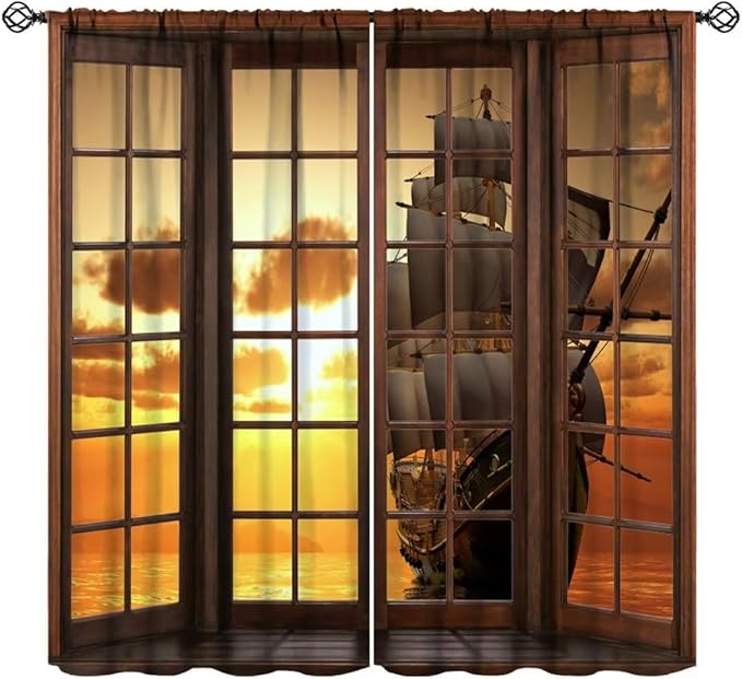 Retro Ship Curtains, Window View Sailing Boat Ship Schooner, Nautical Style Ocean Sunset Landscape Print Blackout Window Drapes for Boys Bedroom Living Room 55x63in