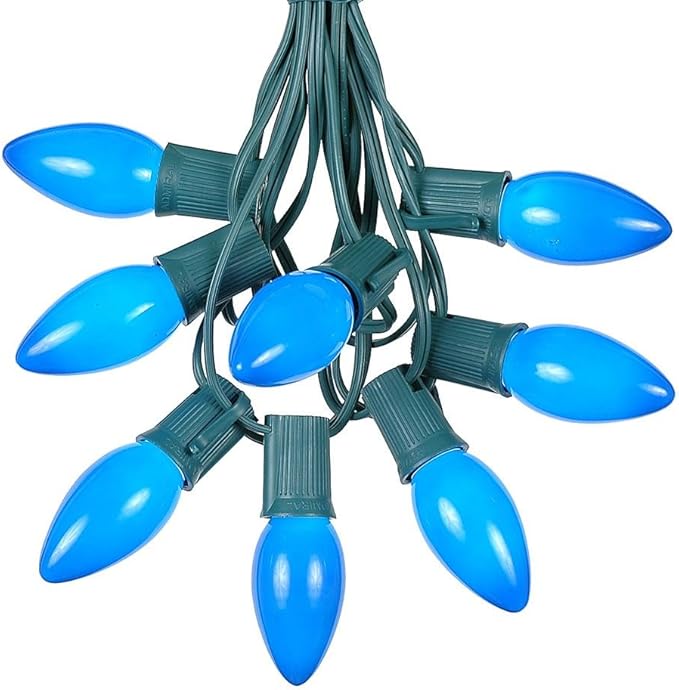 25 Foot C9 Blue Ceramic Christmas Lights Set - Indoor/Outdoor Christmas Light String - Christmas Tree Lights – Opaque Christmas Bulbs - Roofline Light String – Outdoor String Lights - Green Wire