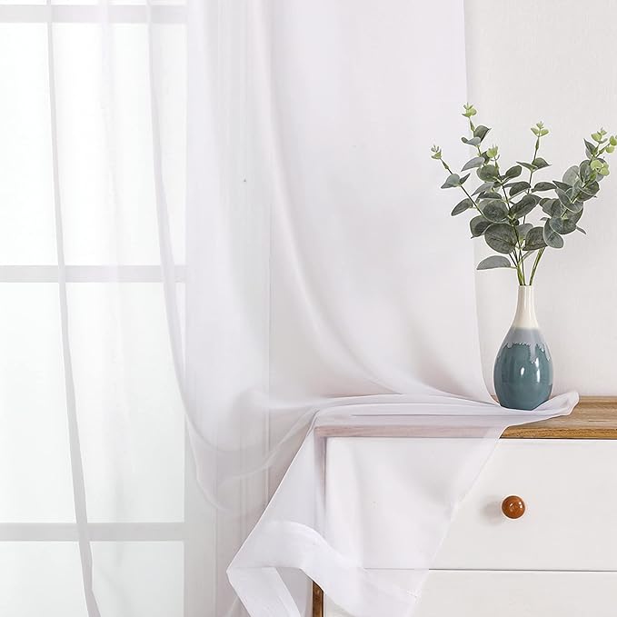 OWENIE Sheer Curtain, 120 Inches Long, White, Rod Pocket, Polyester, 2 Panels, for Living Room and Bedroom