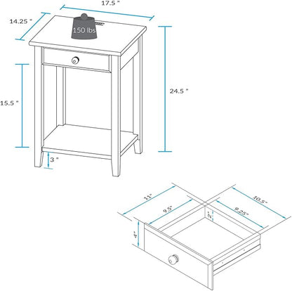 Casual Home Owl Night Stand with USB Port Charging Station and Drawer, 17.5" W x 14.25" D x 24.5" H, Natural Gray