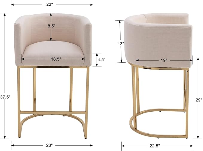 Modern Counter Height Linen Upholstered Bar Stools Set of 2, 29" Kitchen Counter Island Stools Bar Chairs with Gold Metal Frame for Kitchen Island, Cream