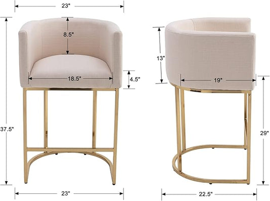 Modern Counter Height Linen Upholstered Bar Stools Set of 2, 29" Kitchen Counter Island Stools Bar Chairs with Gold Metal Frame for Kitchen Island, Cream
