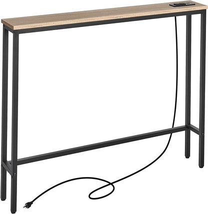 ELYKEN 5.9" Narrow Console Sofa Table with Power Outlets, 5.9" Dx39.4 Wx31.1 H Long Couch Table with Metal Frame and Charge Station with 6.5’ Extension Cord, White Oak