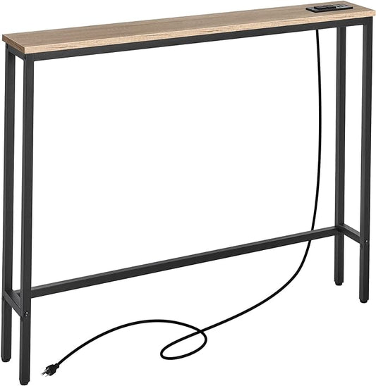 ELYKEN 5.9" Narrow Console Sofa Table with Power Outlets, 5.9" Dx39.4 Wx31.1 H Long Couch Table with Metal Frame and Charge Station with 6.5’ Extension Cord, White Oak