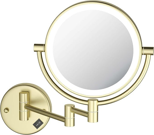 KIBI Circular Wall Mount Makeup Mirror with LED Lights, Dual-Sided 1x/5x Magnifying Mirror with Adjustable Arm, 360° Swivel, Solid Brass Construction for Durability and Style (Brushed Gold, KMM101)