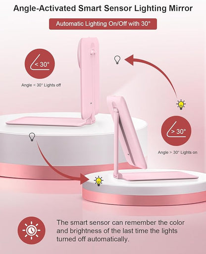 Gospire Travel Makeup Mirror with Lights and Magnification 10X, Portable Make Up Compact Tabletop Mirror with Adjustable Stand, 3 Colored Lights Rechargeable Lighted LED Vanity Mirror - Pink