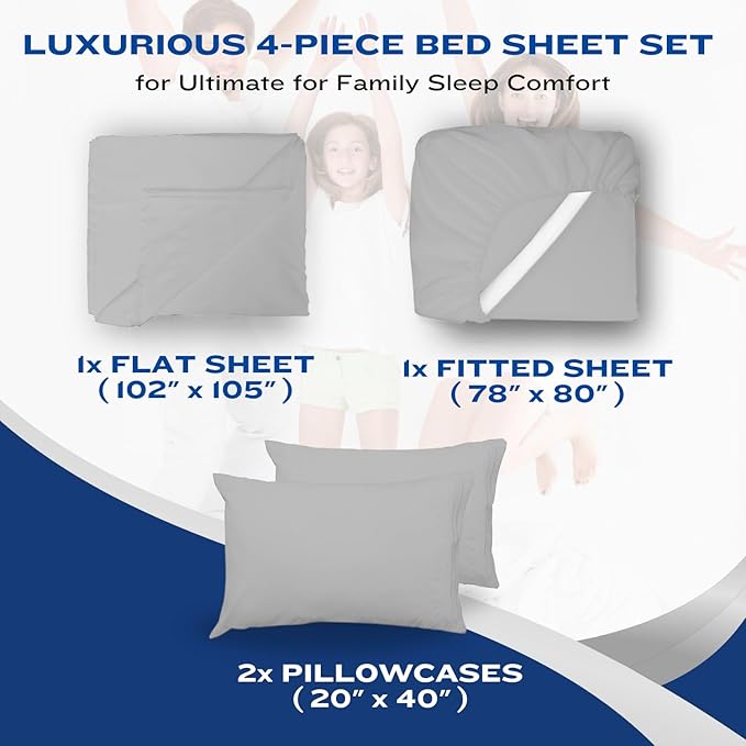 DREAMCARE Full Size Sheets - Cooling Bed Sheets - 4pcs Set - up to 15" Deep Pocket Full Sheet Set - Sheets Full Size Bed - Soft & Long Lasting 100% Fine Brushed Polyester with Side Pocket - LightGray