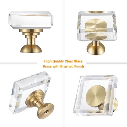 12-Pack 1-1/4-Inch White Cabinet Glass Crystal knobs Brass Drawer Round Knobs Dresser Pulls, Gold Hardware Kitchen Closet knobs for Bifold Doors (Square-1.2inch, 12-Pack)