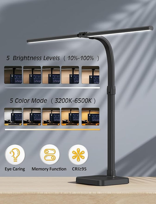 LED Desk Lamp for Home Office, Double Head 24W with Base, Architect Light 5 Lighting Brightness Flexible Gooseneck Table Reading Study, Black