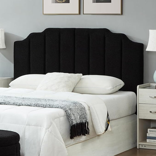 24KF Black Teddy Fabric Tufted for Queen Upholstered Headboard, Modern Vertical Channel Design Full Headboard with Stepped Silhouette Top Edge, 6026-Q-Teddy Black