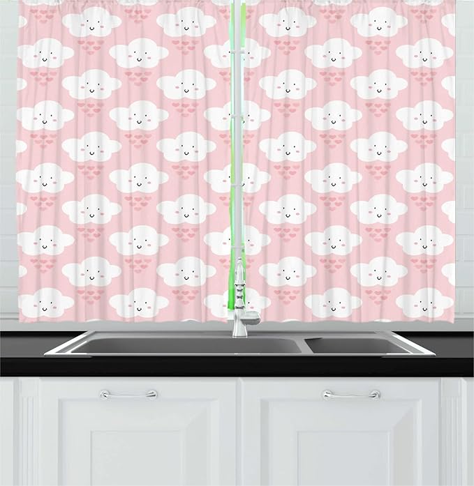Lunarable Cartoon Long Kitchen Curtains, Illustration of Smiling Fluffy Clouds and Heart Shapes, 2 Panel Set Drapes with Rod Pocket Room Decor, 55" x 45", Rose White