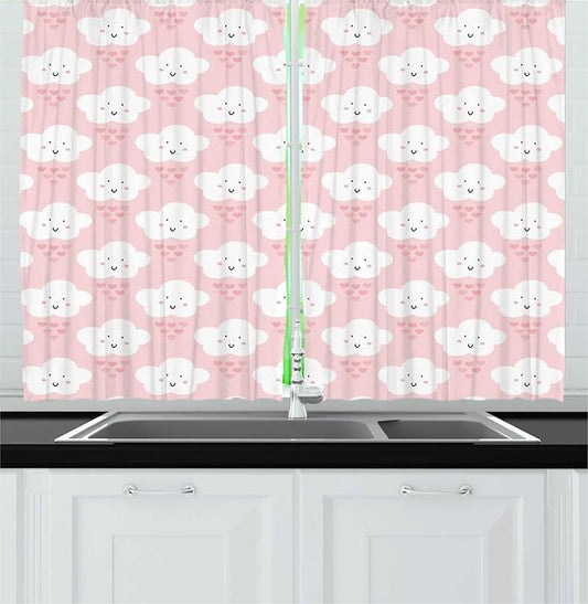 Lunarable Cartoon Long Kitchen Curtains, Illustration of Smiling Fluffy Clouds and Heart Shapes, 2 Panel Set Drapes with Rod Pocket Room Decor, 55" x 45", Rose White