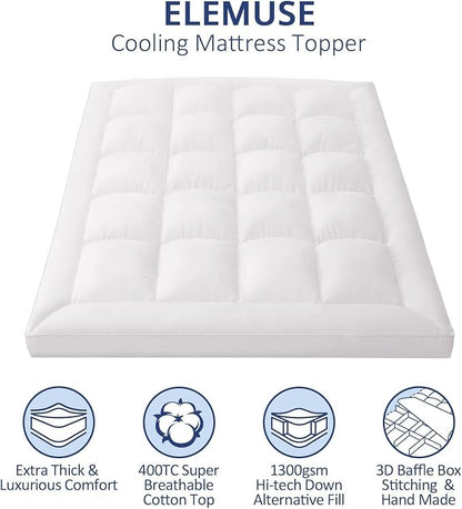 ELEMUSE 1300 GSM Overfilled Mattress Topper Queen with Baffle Box Design,Extra Thick Cooling Pillow Top Pad, 400TC Cotton Cover, Plush & Support Snow Down Alternative, White