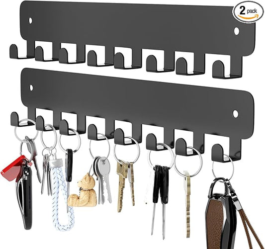 pickpiff 2 Pack Key Holder for Wall Adhesive, Key Hooks with 8 Hooks Wall Mounted, Black Key Hangers No Drill for Living Room, Kitchen, Office