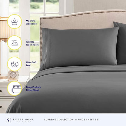 King Size Sheets - Breathable Luxury Bed Sheets with Full Elastic & Secure Corner Straps Built In - 1800 Supreme Collection Extra Soft Deep Pocket Bedding Set, Sheet Set, King, Gray