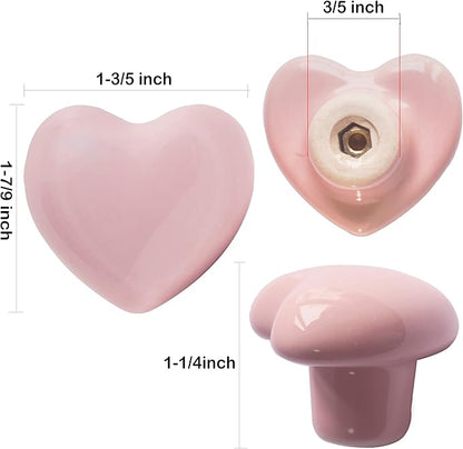 Ceramic Drawer Knobs Heart Shape Cabinet Dresser Pulls Handles with 3 Sized Screws, Kitchen Furniture Knobs for Closet Cupboard Wardrobe (6, Powder Pink)